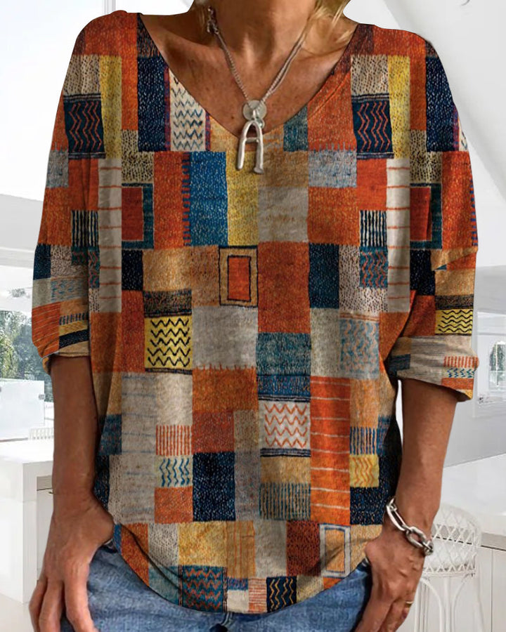 Women's Patchwork V-Neck Blouse
