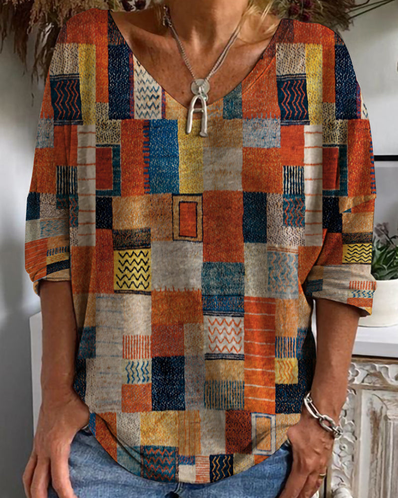 Women's Patchwork V-Neck Blouse