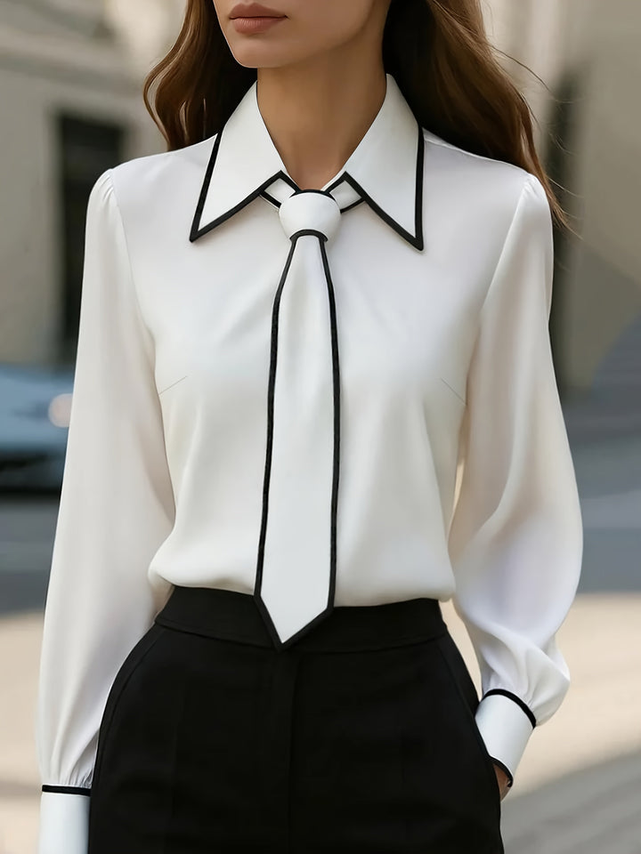 Women's Tie Neck Contrast Collar Blouse