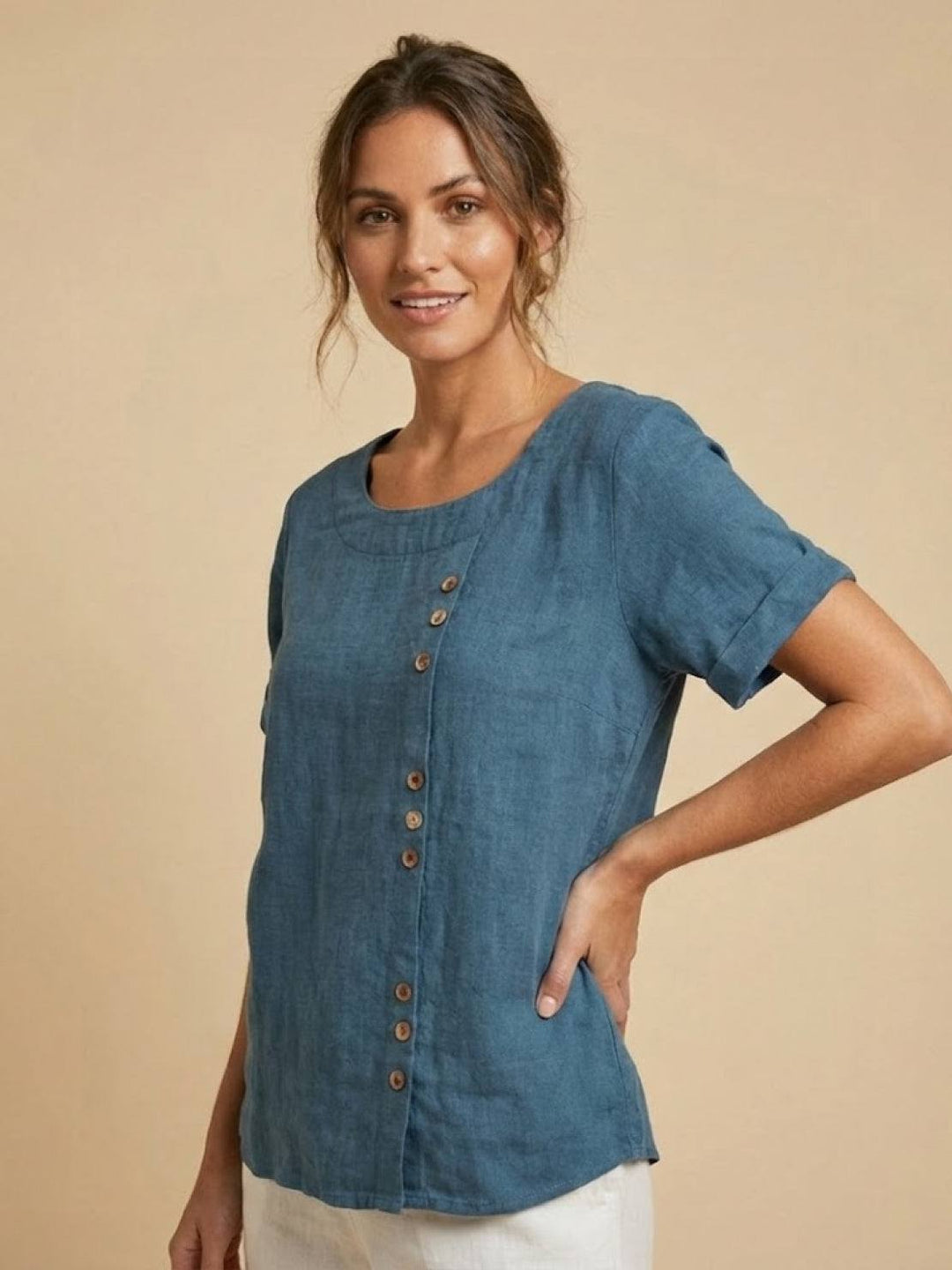 Women's Scoop Neck Button Detail Top