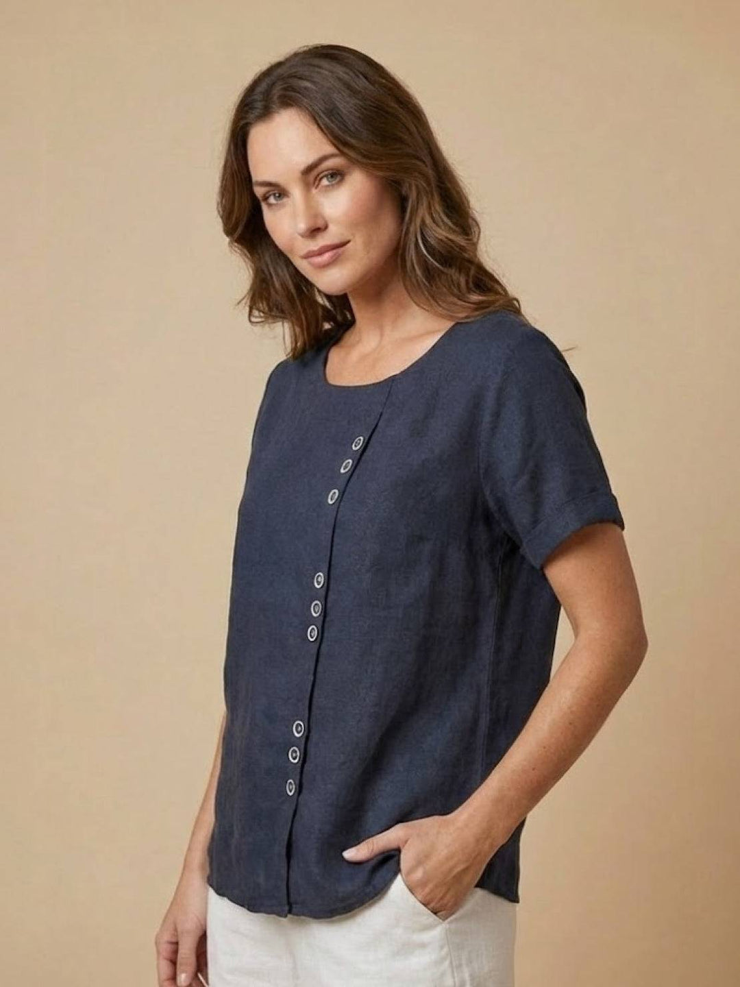 Women's Scoop Neck Button Detail Top