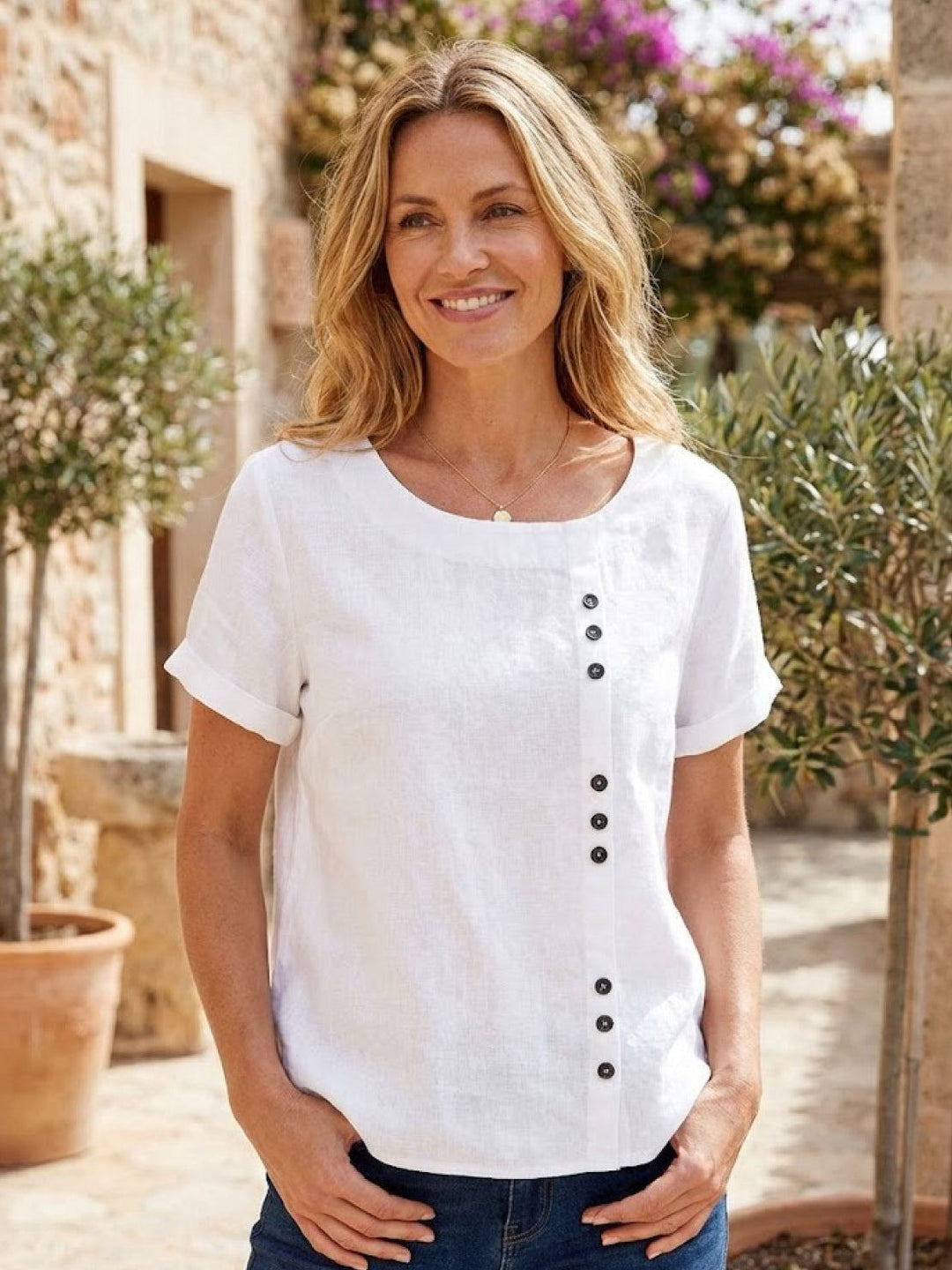 Women's Scoop Neck Button Detail Top