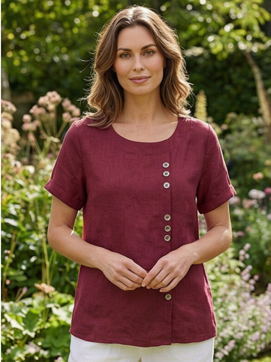 Women's Scoop Neck Button Detail Top