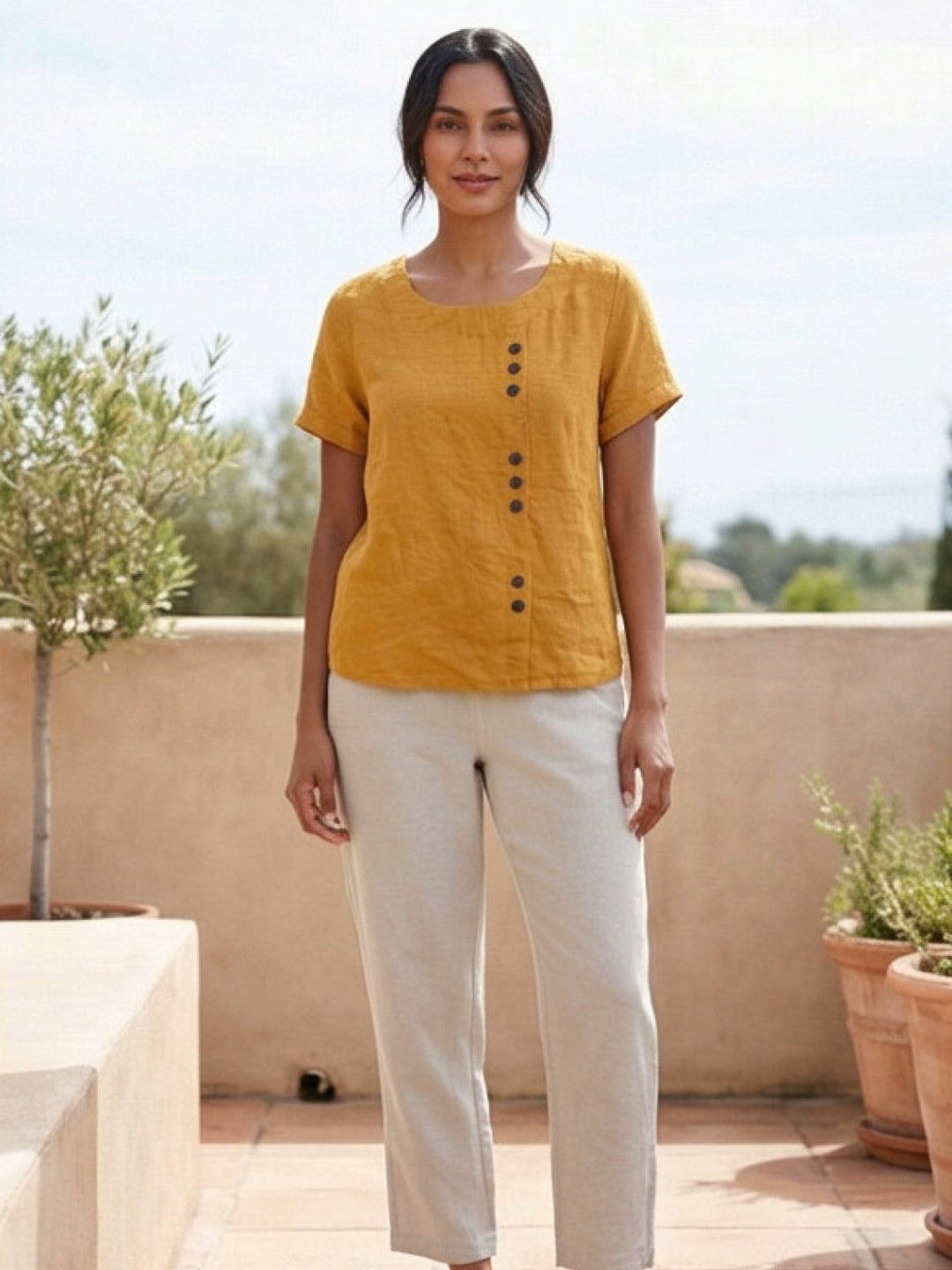 Women's Scoop Neck Button Detail Top