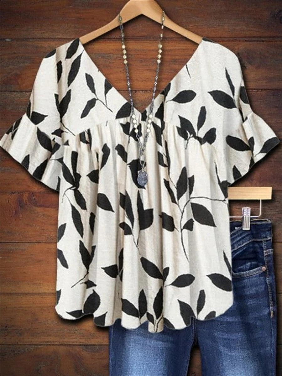 Women's Leaf Print Short Sleeve Blouse