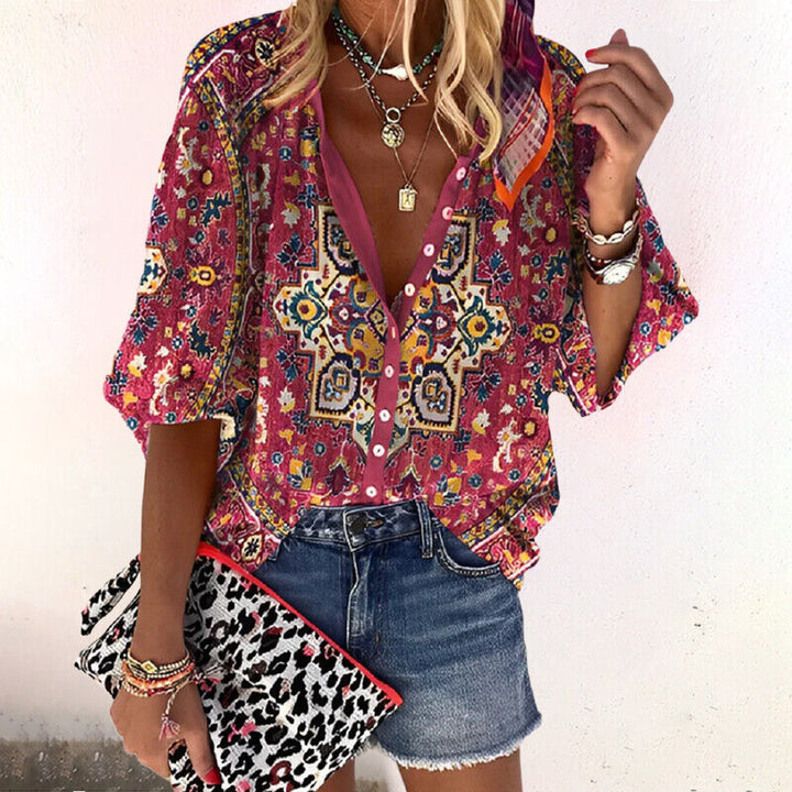 Women's Boho Print V-Neck Button Down Blouse