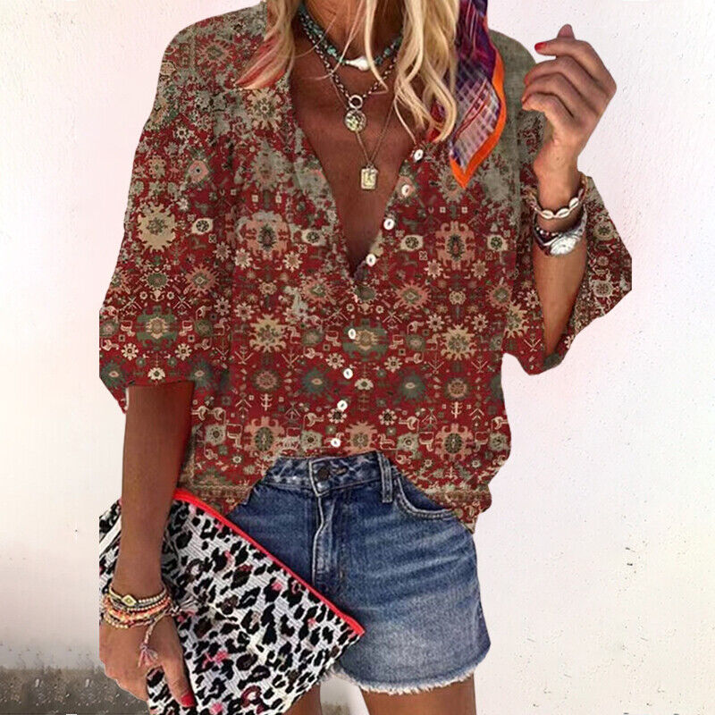 Women's Boho Print V-Neck Button Down Blouse