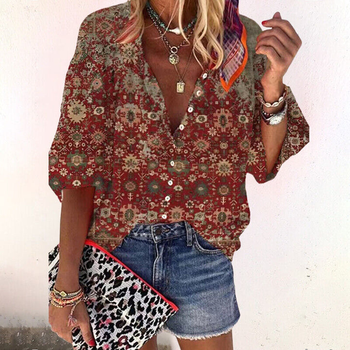 Women's Boho Print V-Neck Button Down Blouse