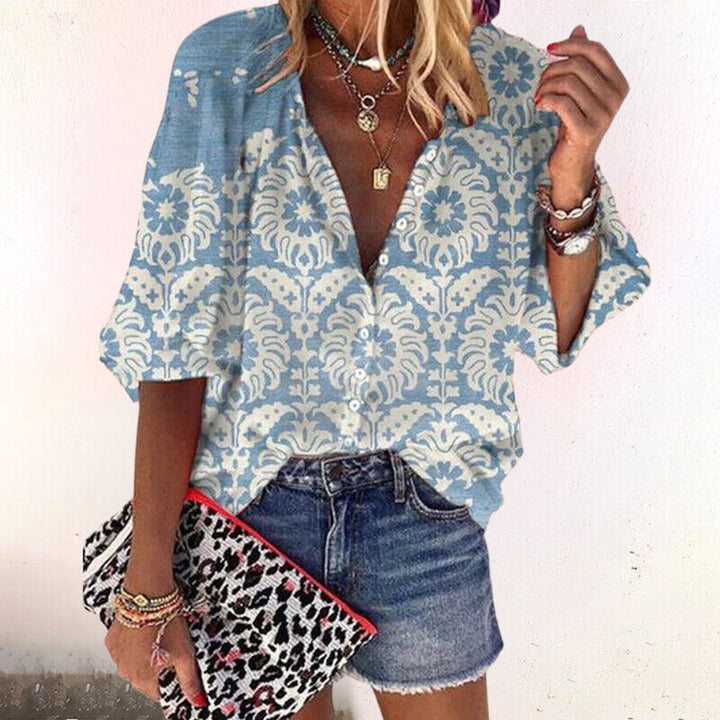 Women's Boho Print V-Neck Button Down Blouse