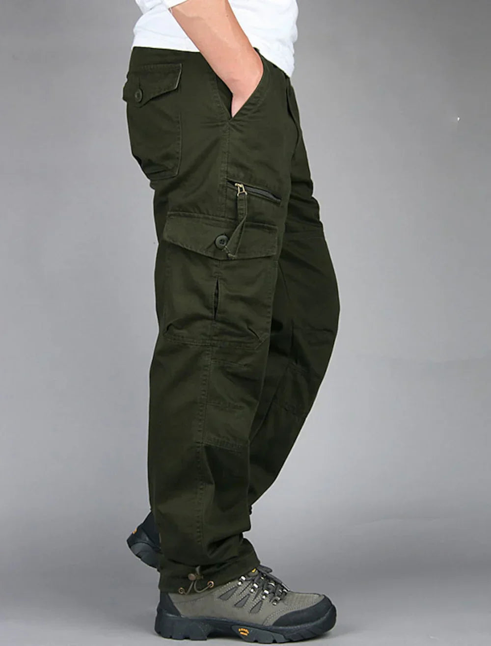 Straight Cut Cargo Trousers with Multi Pocket Design for Men