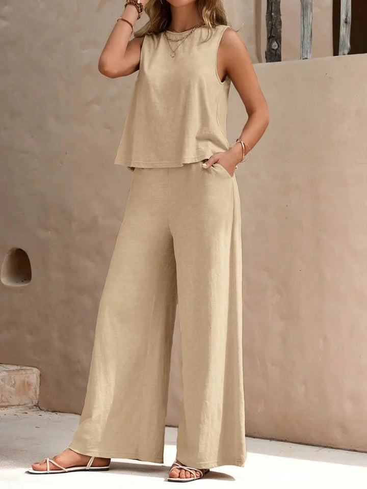 Two Piece Summer Set with Top and Relaxed Pants for Women